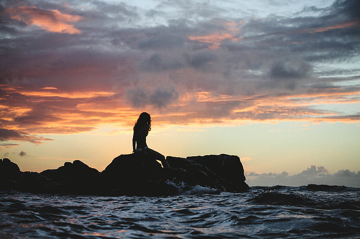 silueta, mujer, roca, embarcadero, Fotografía, nube, mar
