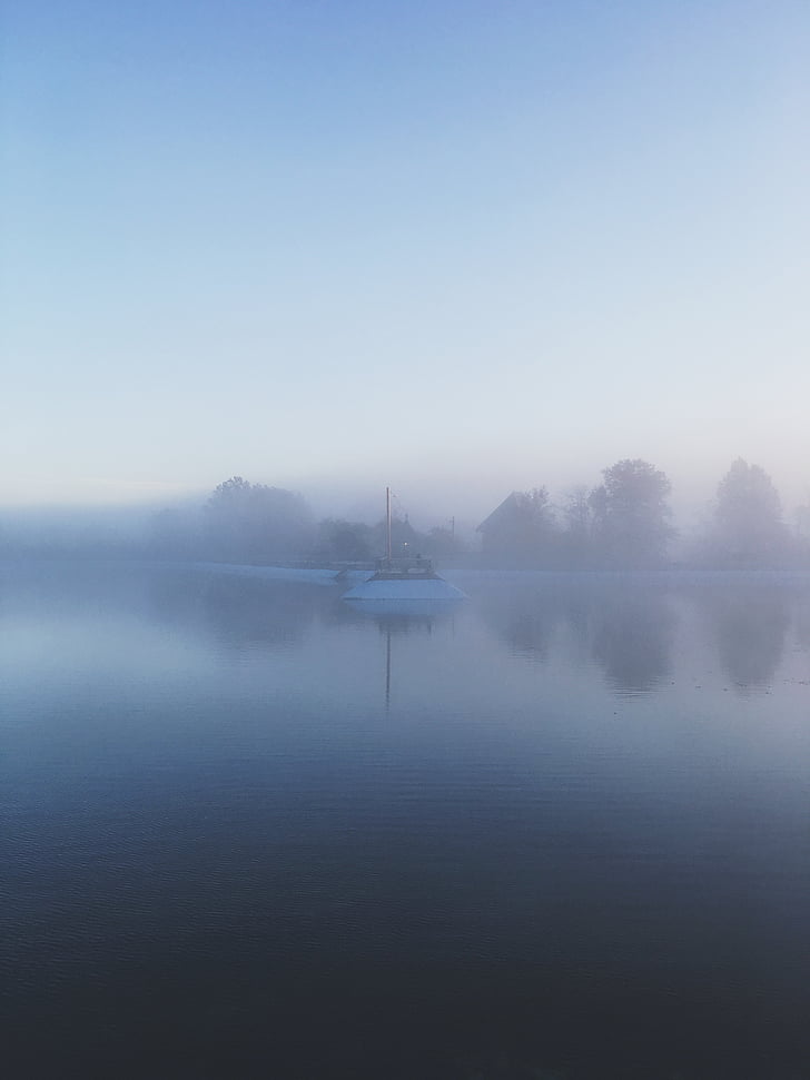 rivière, bateau, brouillard, matin, eau, voyage, Lac