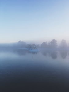 river, boat, fog, morning, water, travel, lake