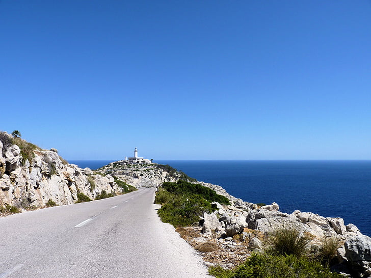 road, mountains, mountain pass, holiday, landscape, sea, lighthouse