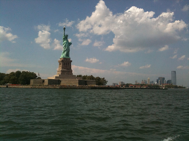 new york city, panoramę Nowego Jorku, posąg, niezależność, wody, Pomnik, duże
