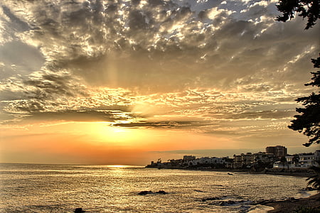 Crepúsculo, puesta de sol, cielo, nubes, mar, Mijas, Mediterráneo
