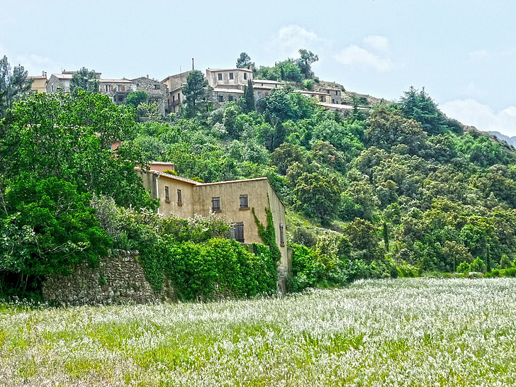 Cucugnan, Frankrike, Aude Institutionen, Languedoc roussillon, bergssidan, grön, byn