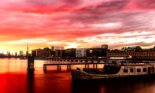 Berlino, Germania, tramonto, crepuscolo, Porto, fiume, acqua