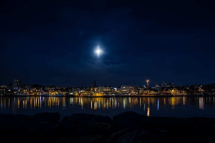 noč, Stavanger, morje, fjord, na prostem, svetlobe, modro vodo