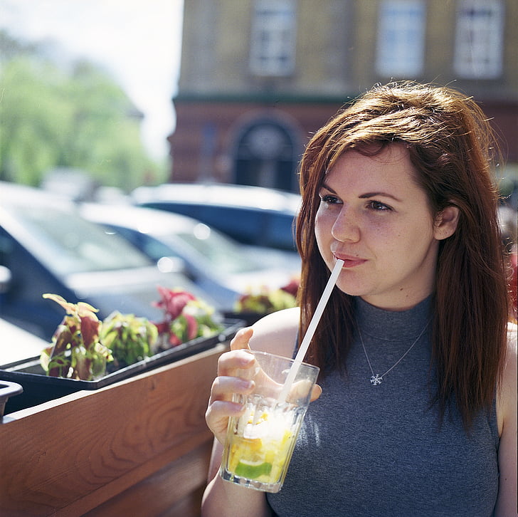 young girl, drinking, sipping, straw, young, girl, lemonade