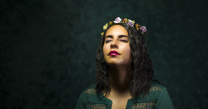 woman, green, floral, lace, top, lady, headshot