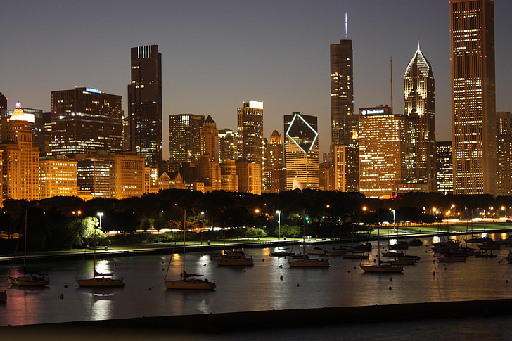 City skyline, Chicago, belváros, michigan-tó, elmélkedés, felhőkarcoló, városi