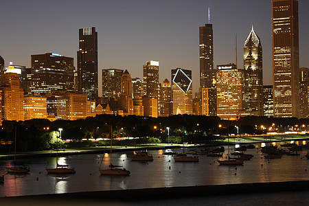 skyline van de stad, Chicago, centrum, Lake michigan, reflectie, wolkenkrabber, stedelijke