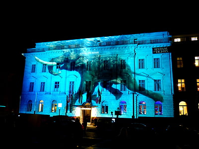 Berlin, bild, natt, mörker, väggen, turism, projektion