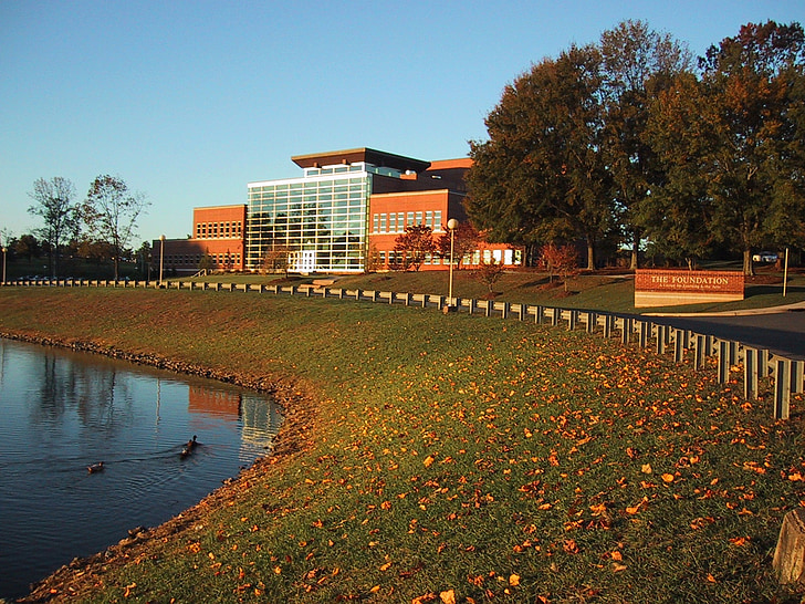 budova, jezero, na podzim, Architektura, krajina, pohled, vysoká škola