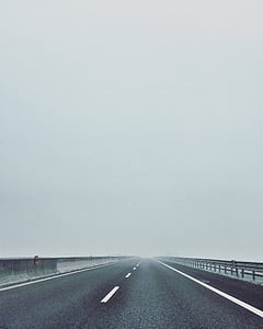 foggy, empty, road, street, sky, cloud, bridge