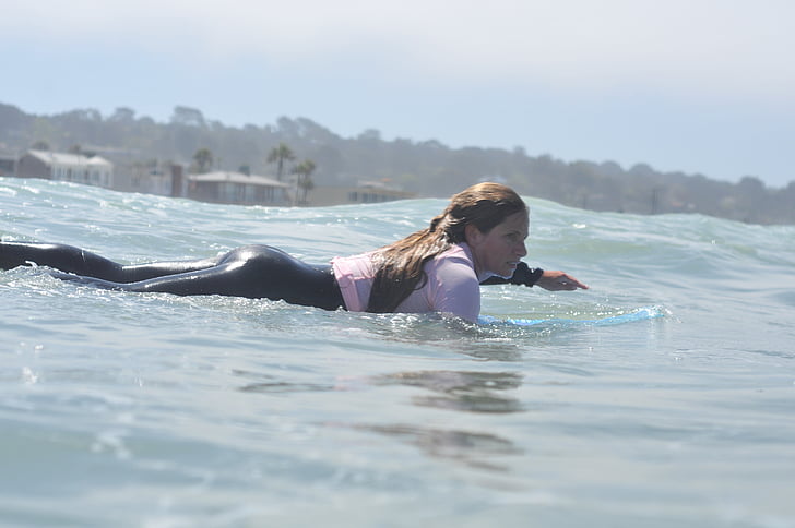 surfing, Padling, surfer jente, hav, vann, surfer, Surf