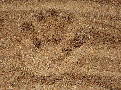 ทราย, ชายหาด, พิมพ์อีกครั้ง, มือ, handprint, พื้นหลัง, ธรรมชาติ