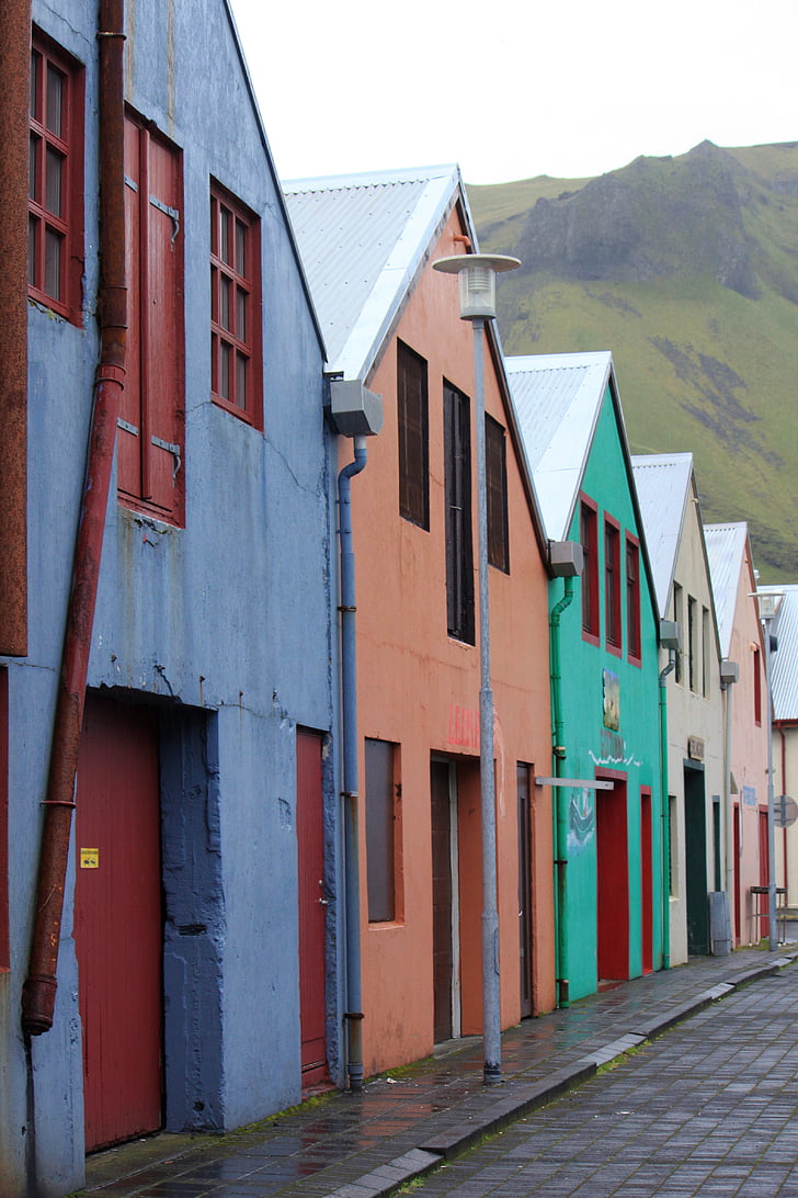 Islande, cabines, montagne, rue, pastel, douches