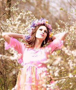 Gadis, musim semi, bunga, karangan bunga, sukacita, putih, merah muda