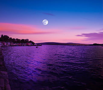 bulan purnama, Skotlandia, Tobermory, Isle of mull, senja, laut, Skotlandia