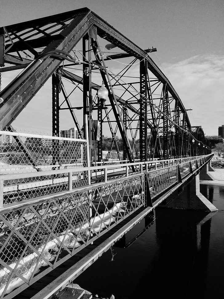 bridge, water, architecture, tourism, outdoor, river, black and white