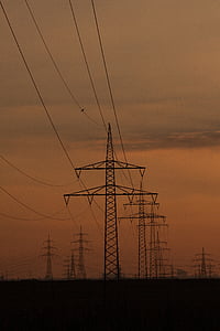 power lines, pylons, power poles, current, cable, power supply, sunset