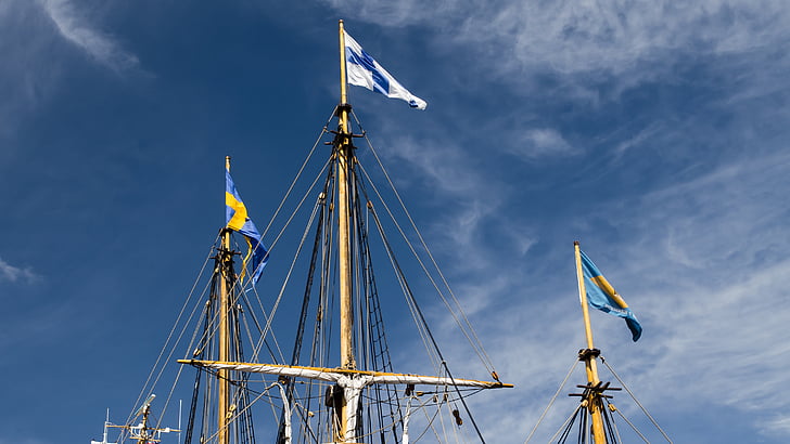 three, assorted, flags, ship, sail boats, yachts, sail ship