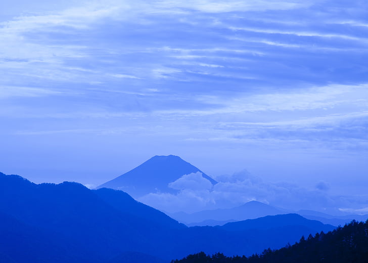 Monte fuji, nuvem, montanha, Vulcan, paisagem, azul, noite