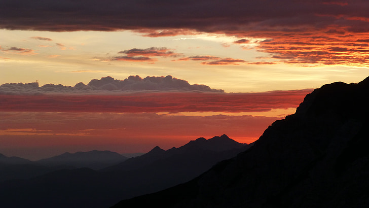sunrise, allgäu, mountains, color, panorama, clouds, mountain silhouette