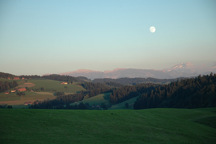 abendstimmung, volle maan, Emmental, groen, uitlopers van de Alpen