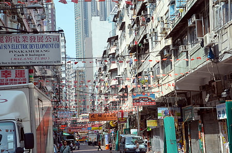ciudad, lleno de gente, ENG, carretera, Hong kong, rascacielos, gran ciudad