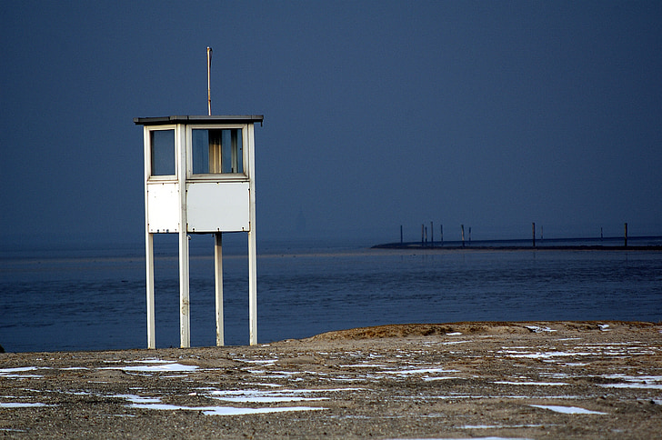 north sea, watchtower, coast, sea, beach, wadden sea, northern germany