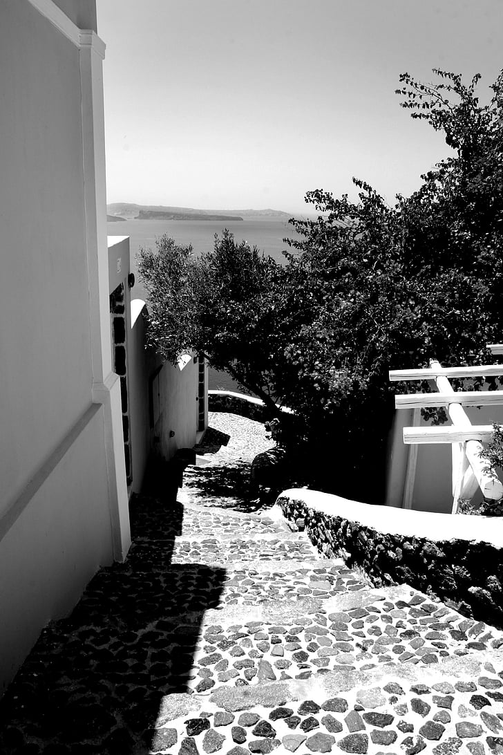 escadaria, Creta, Grécia, preto e branco, casa, sem pessoas, arquitetura