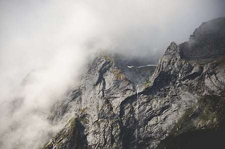 clouds, covering, tip, gray, mountain, winter, fog