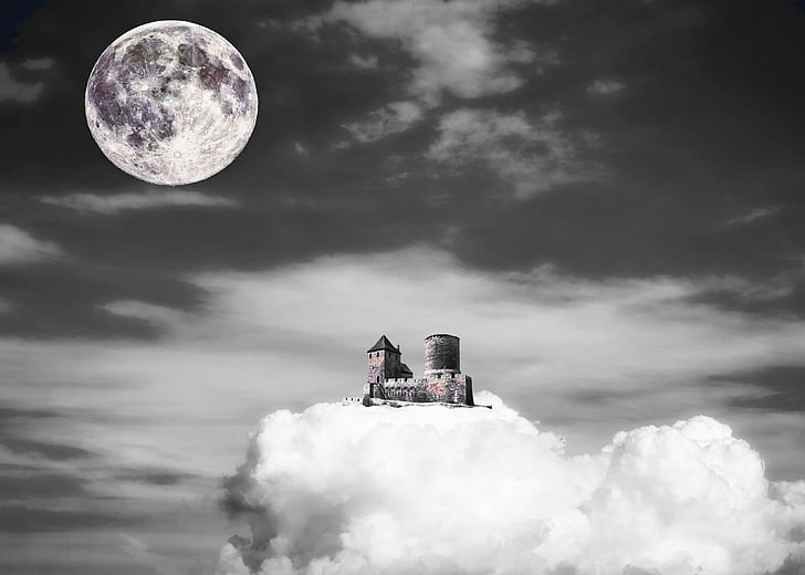 Castle, awan, bulan, langit, fantasi, abstrak, dongeng