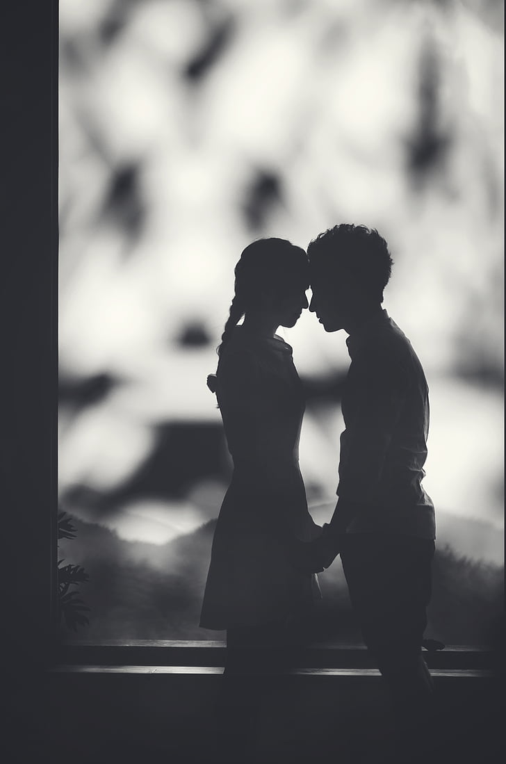 silhouette, couple, black, white, love, man, woman