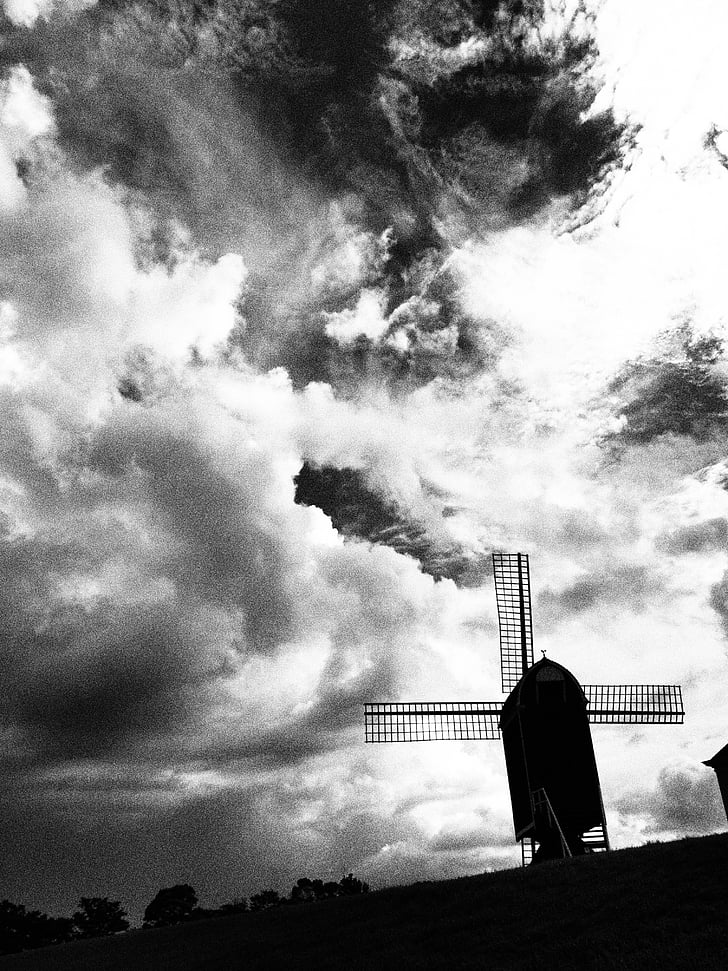 windturbine, Huis ten bosch, wolk, zwart-wit