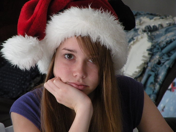 девочка, Санта, скучно, шляпа, Рождество