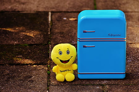 pilns ledusskapis, laimīgs, smaidiņš, jautrs, dzeltena, jautrs, emocijas