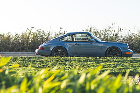 blå, Coupe, nära, grön, gräs, fältet, sportbil