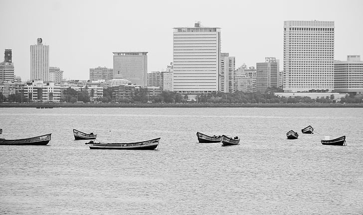 greyscale, photo, boats, water, architecture, buildings, city