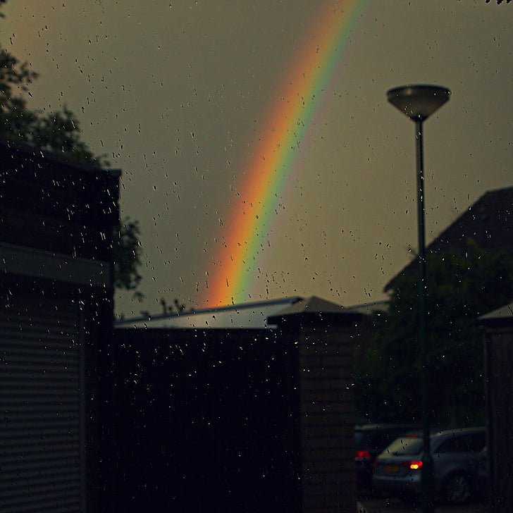 rainbow, rain shower, threatening sky, grey, heaven, clouds, street light