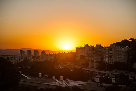 Хайфа, місто, Ізраїль, Захід сонця, небо, літо, Міські