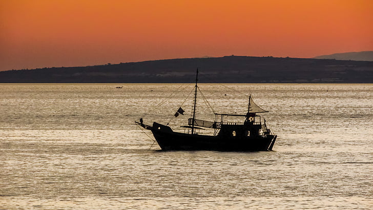 barco, sombra, pôr do sol, mar, noite, Ayia napa, Chipre