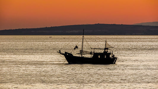 лодка, сянка, залез, море, вечерта, Айя Напа, Кипър