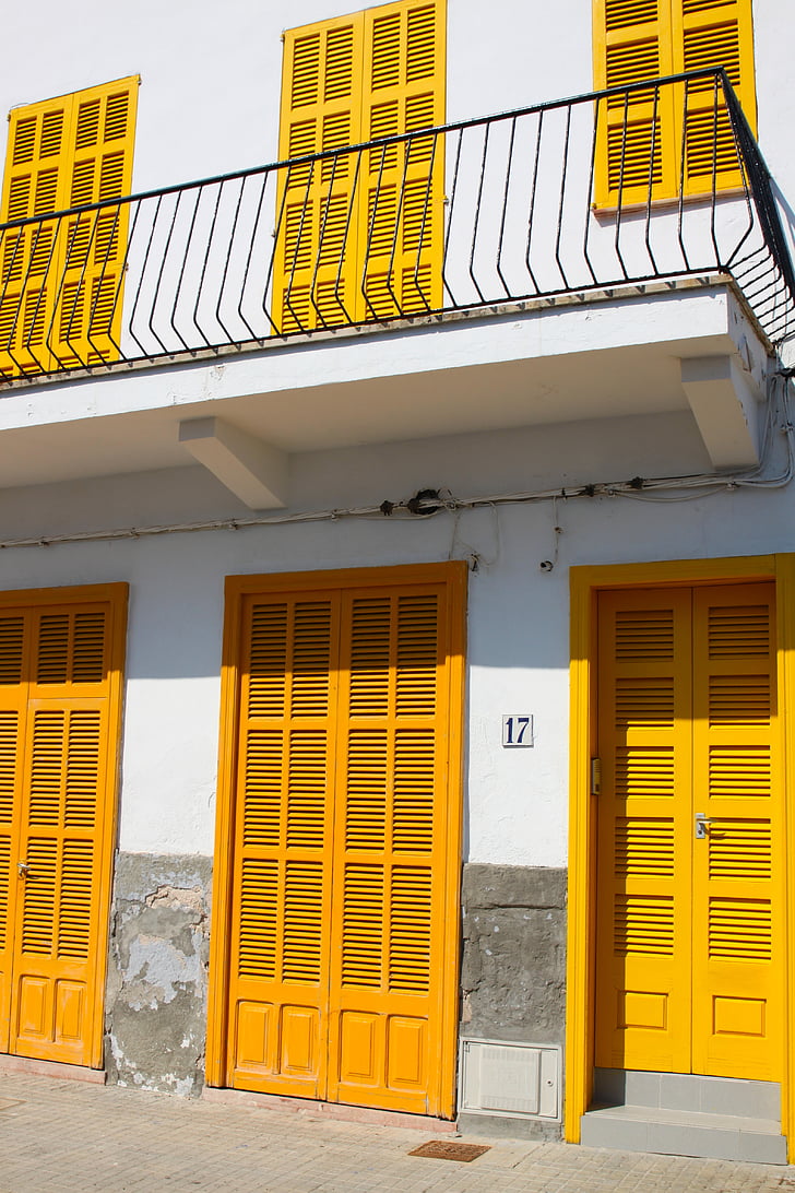 fönster, fönsterluckor, balkong, hem, byggnad, gul, arkitektur