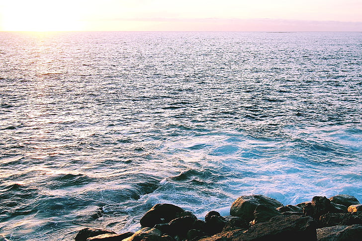 foto, blauw, water, zee, zonsondergang, hemel, Oceaan