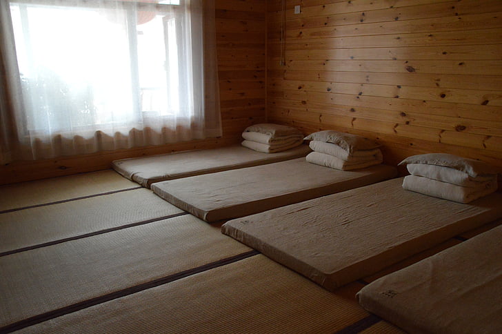 pat, pătură, Cameră, Hotel, fereastra, clădire, foaie de bambus