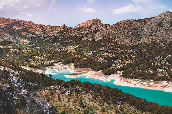 krajina, Foto, modrá, jezero, poblíž, zelená, stromy