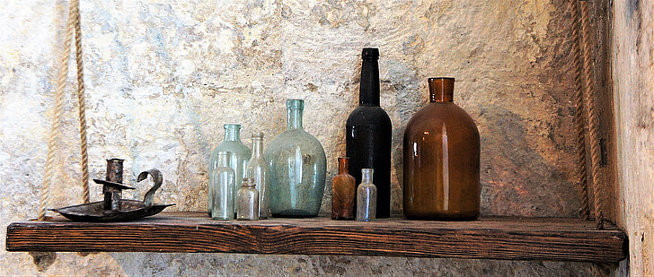 hanging, shelve, candlestick, holder, old, vintage bottles