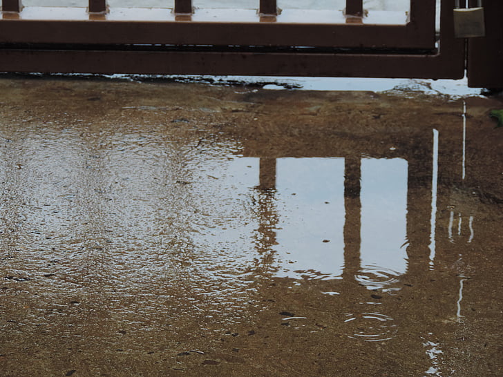 rain, gate, sidewalk, reflection, water, no people, puddle