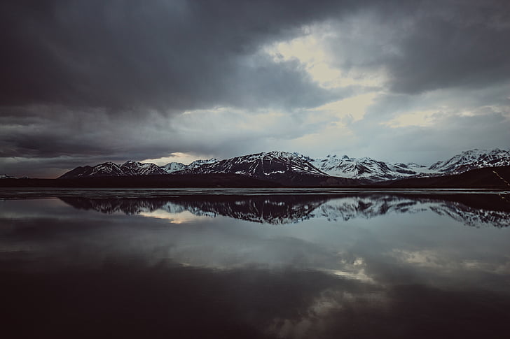 calm, water, surrounded, mountains, cumulus, clouds, nature