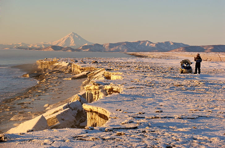 kamchatka, peninsula, the pacific ocean, beach, winter, ice, volcano